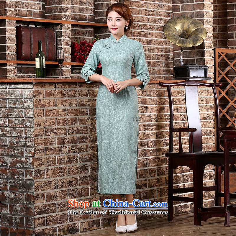 【 pro-am as soon as possible in the autumn of 2015, new long-sleeved arts 7 cuff wind-retro cheongsam dress light blue 2XL- waist 84cm, pro-am , , , shopping on the Internet