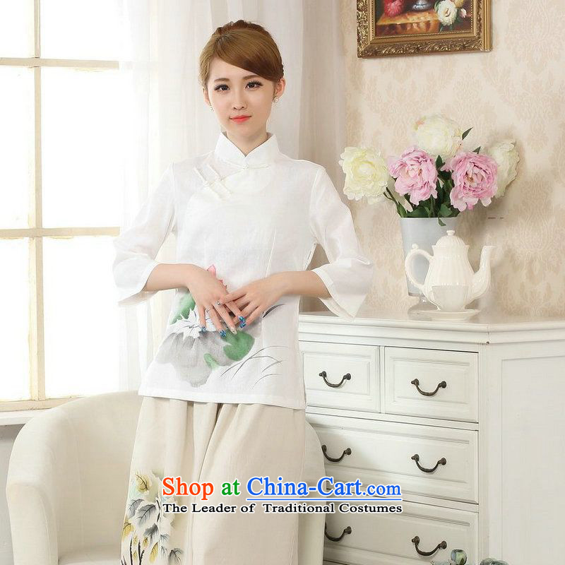 Ms. Li Jing Tong Women's clothes summer shirt collar cotton linen hand-painted Chinese Han-women in Tang Dynasty improved cuff White?M
