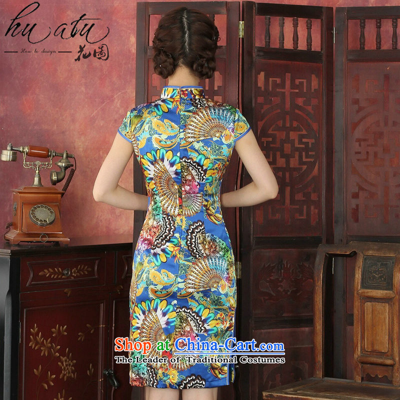 Floral qipao Tang dynasty women's stylish herbs extract qipao Chinese collar daily silk cheongsam dress banquet blue 2XL, floral shopping on the Internet has been pressed.