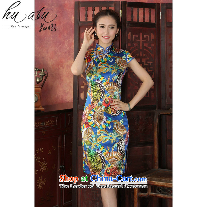 Floral qipao Tang dynasty women's stylish herbs extract qipao Chinese collar daily silk cheongsam dress banquet blue 2XL, floral shopping on the Internet has been pressed.