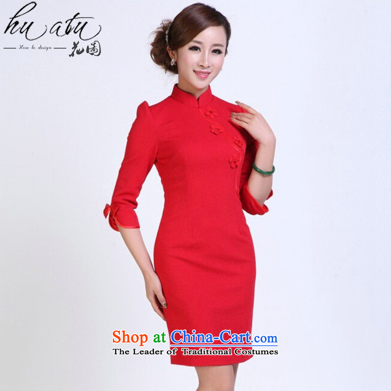 Floral autumn and winter female qipao Tang Dynasty Chinese collar minimalist improved bride maschen-moden qipao gown skirt red annual XL, floral shopping on the Internet has been pressed.