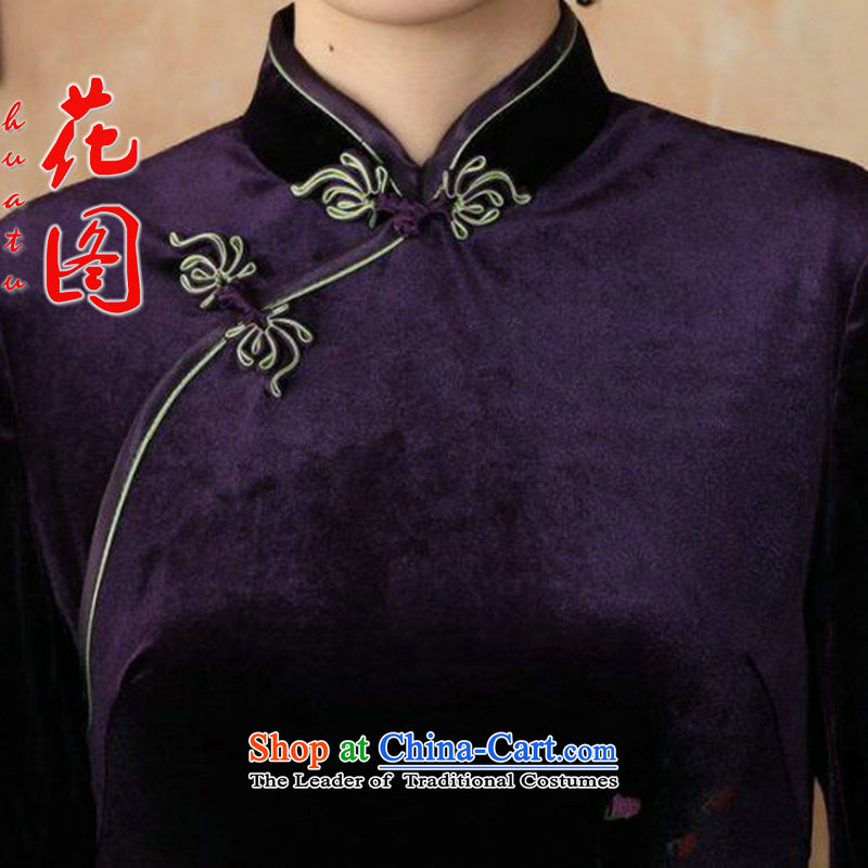 Floral autumn and winter cheongsam dress Tang Dynasty Chinese collar superior Stretch Wool qipao seven gold cuff banquet dress figure color mosaic XL, , , , shopping on the Internet
