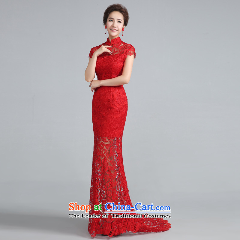 Jie mija qipao New Service Bridal Fashion 2015 bows retro red lace back crowsfoot marriage evening dresses red tail 30 cm XS, Cheng Kejie mia , , , shopping on the Internet