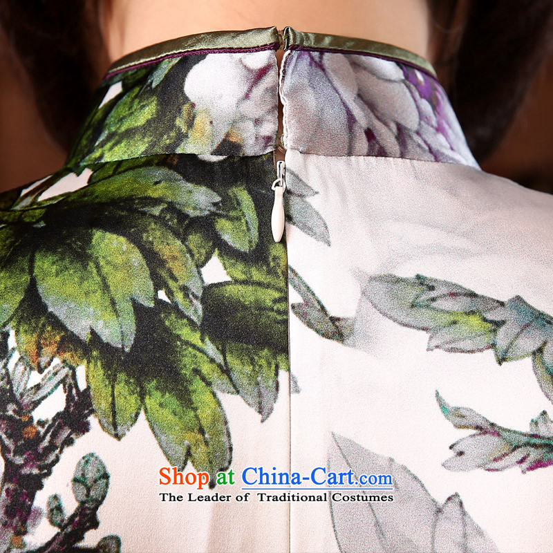 The pro-am 2015 Spring Summer upscale silk daily retro improved stylish herbs extract cheongsam dress dresses White Peony M-waist 71cm, pro-am , , , shopping on the Internet