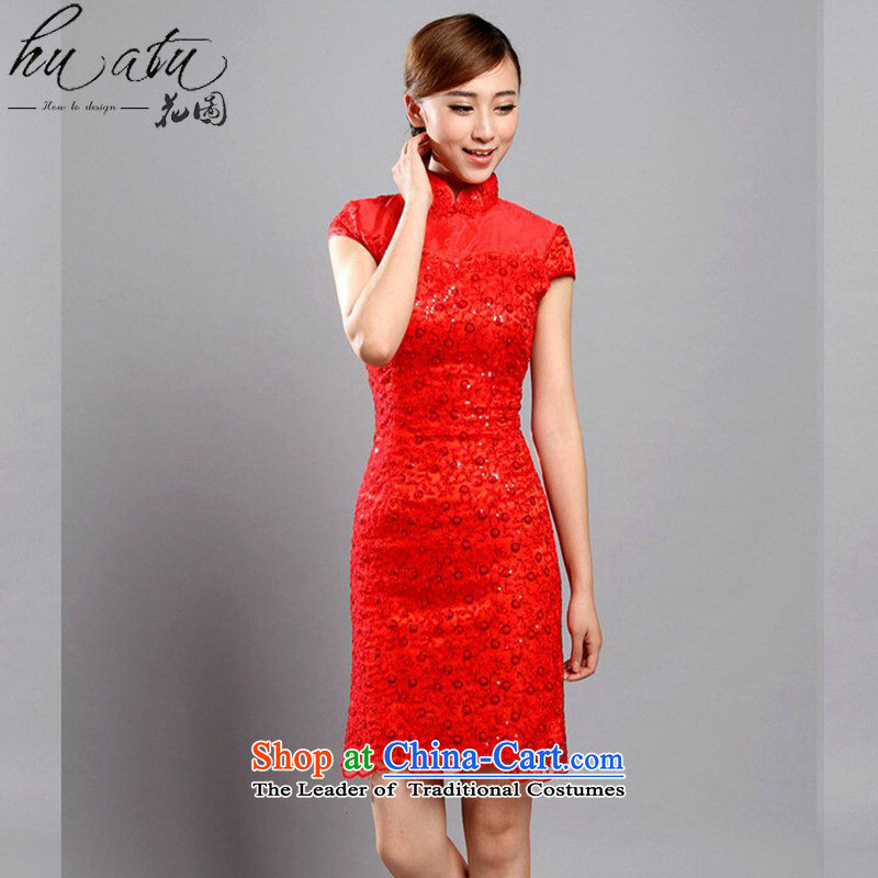 Floral cheongsam dress Summer 2015 of Chinese improved collar embroidered bead lace qipao cheongsam banquet qipao bride red XL, floral shopping on the Internet has been pressed.
