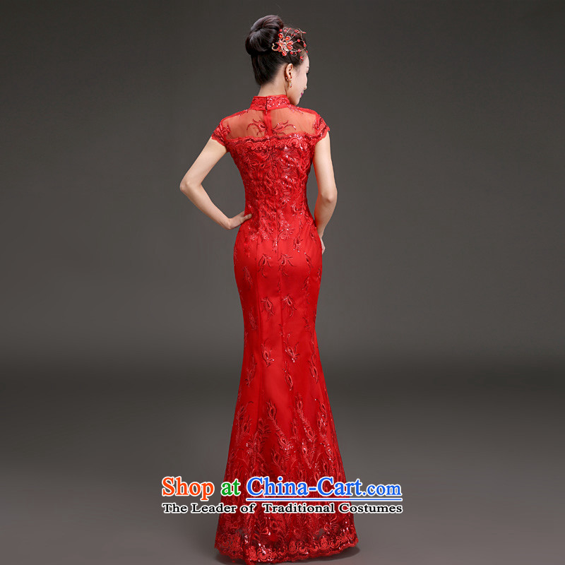 In the spring of 2015, Friends new bride wedding dress retro collar crowsfoot cheongsam dress wedding dresses red red bows M code 2 feet of the waist-yi (LANYI) , , , shopping on the Internet