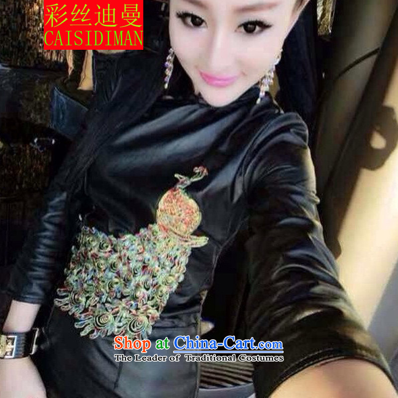Multimedia population diman 2015 retro PU-clip Peacock Sau San package and qipao and sexy nightclubs leather black skirt M multimedia silk diman shopping on the Internet has been pressed.