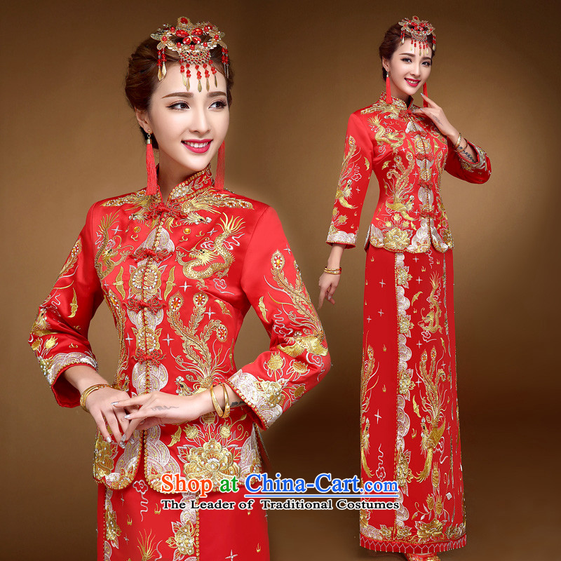 The privilege of serving-leung 2015 winter red new bride wedding gown of Chinese wedding dress bows services should also use red dragon skirt?3XL