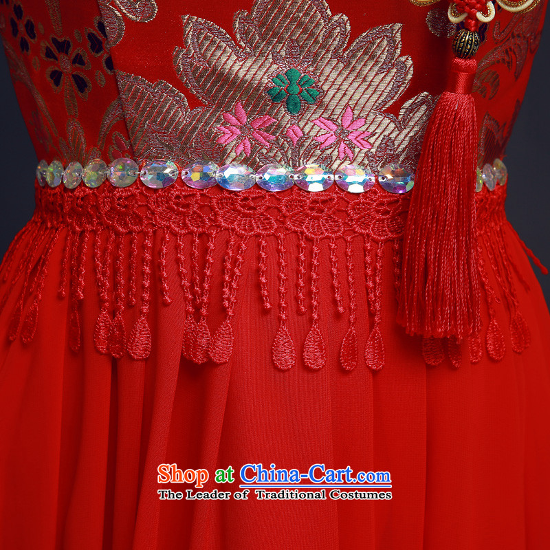 The privilege of serving-leung 2015 New Red single shoulder length) Bride wedding dress Chinese wedding dress uniform qipao skirt red bows 2XL, honor services-leung , , , shopping on the Internet