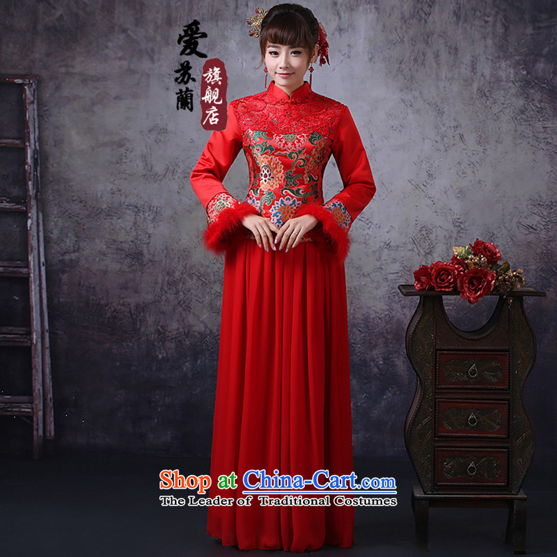 Marriages qipao skirt red long drink service new autumn and winter Chinese Dress retro cotton long-sleeved red XXXL, folder love Su-lan , , , shopping on the Internet