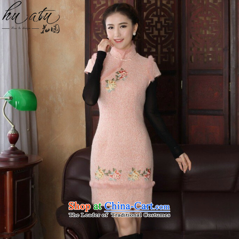 Floral autumn and winter cheongsam dress Tang Dynasty Chinese improved collar angora wool retro? embroidery peony dresses pink dresses , M, floral shopping on the Internet has been pressed.