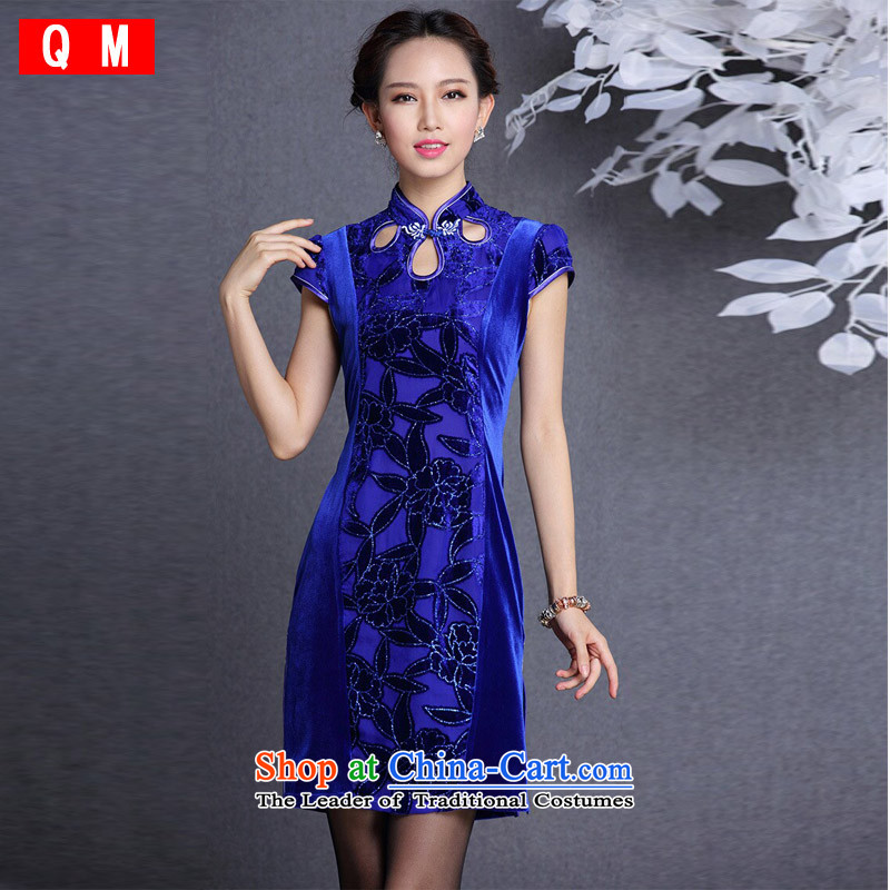 The end of the light _QM_ Stylish retro wool stitching improved short-sleeved short qipao?XWGQF1309-12?picture color?XL