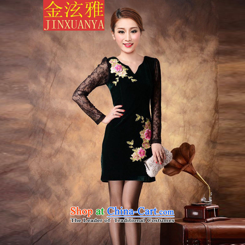 Kim Hyun in the autumn of 2015 on Nga embroidery high-end Kim velvet cheongsam dress women's long-sleeved black long-sleeved XXL, Kim Hyun Nga , , , shopping on the Internet