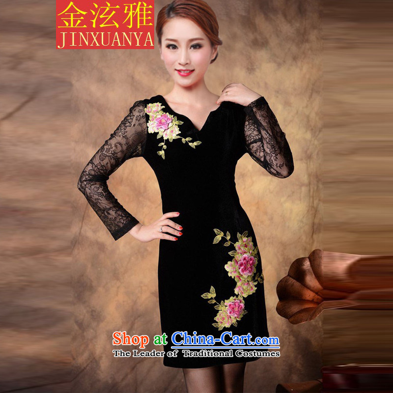 Kim Hyun in the autumn of 2015 on Nga embroidery high-end Kim velvet cheongsam dress women's long-sleeved black long-sleeved XXL, Kim Hyun Nga , , , shopping on the Internet