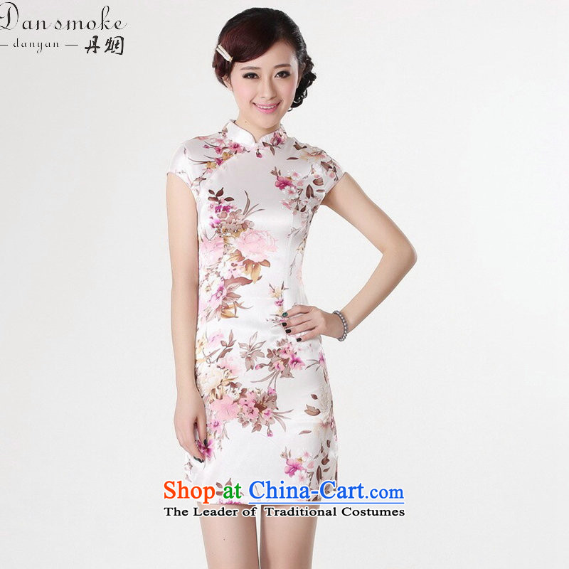 Dan smoke Tang dynasty women's summer new women's Chinese qipao gown ramp improved collar silk Tang dynasty retro short white M Dan smoke qipao shopping on the Internet has been pressed.