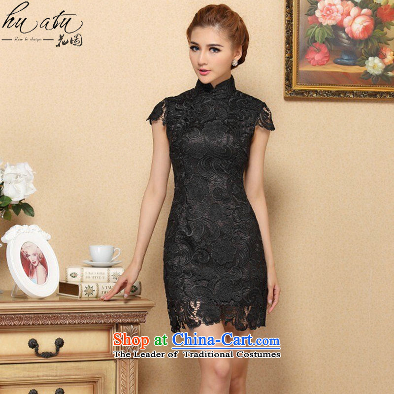 Dan smoke spring and summer cheongsam dress Chinese territorial waters of soluble lace qipao gown qipao retro bows short black?XL