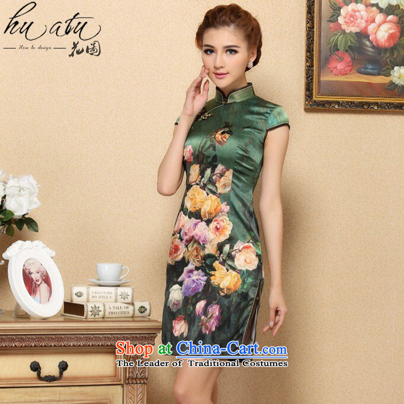 Floral qipao Tang dynasty women's stylish Chinese herbs extract collar improved cheongsam elegant summer, Silk Cheongsam green banquet L, floral shopping on the Internet has been pressed.