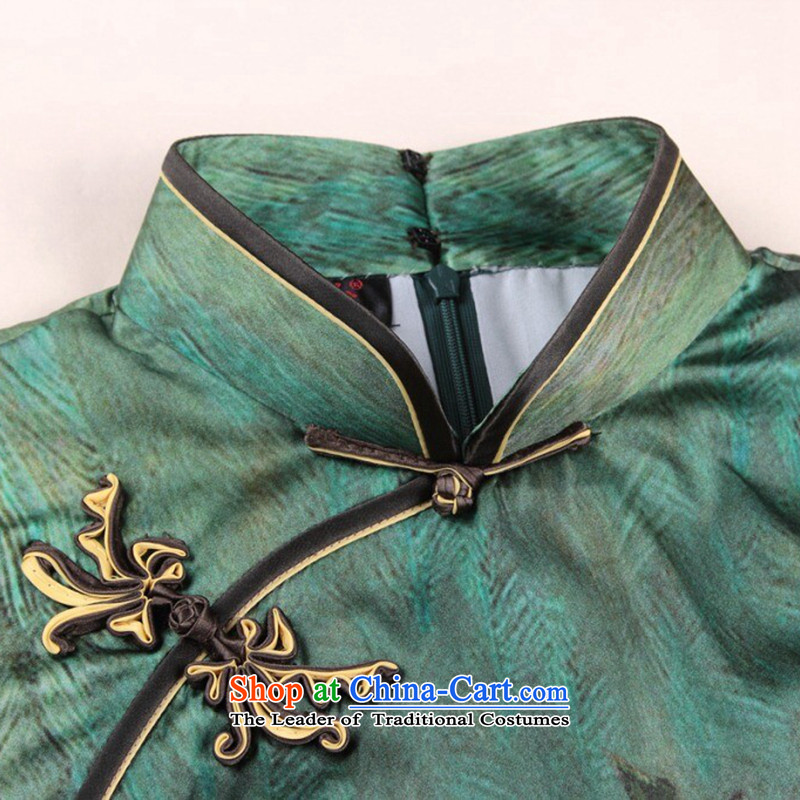 Floral qipao Tang dynasty women's stylish Chinese herbs extract collar improved cheongsam elegant summer, Silk Cheongsam green banquet L, floral shopping on the Internet has been pressed.