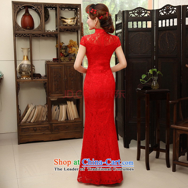 Charlene Choi Ling /YANLING new Chinese marriages bows services red crowsfoot lace long cheongsam dress female summer QP-600 RED XL, Charlene Choi spirit has been pressed shopping on the Internet