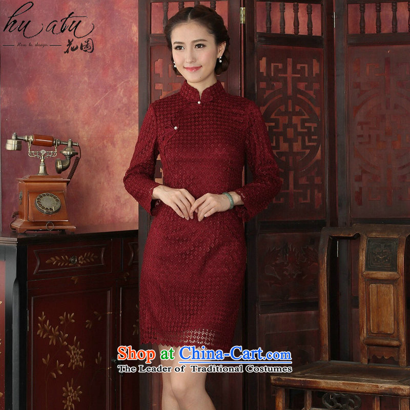 Floral Spring 2015 cheongsam dress Tang Dynasty Chinese modern water-soluble lace cheongsam dress collar improved cheongsam dress festive red wine , floral shopping on the Internet has been pressed.