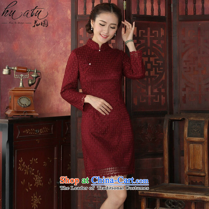 Floral Spring 2015 cheongsam dress Tang Dynasty Chinese modern water-soluble lace cheongsam dress collar improved cheongsam dress festive red wine , floral shopping on the Internet has been pressed.