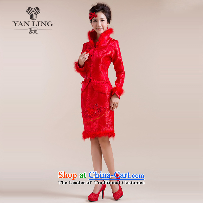 The new 2015 winter cheongsam new marriage bows qipao winter cotton qipao feather RED M Yeon gross collar spirit has been pressed shopping on the Internet