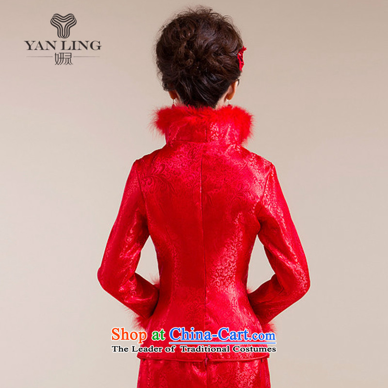 The new 2015 winter cheongsam new marriage bows qipao winter cotton qipao feather RED M Yeon gross collar spirit has been pressed shopping on the Internet