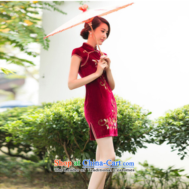 With the Chinese  New Year 2015 Spring temperament embroidery qipao Stylish retro-day   improved elegant qipao red velvet M with a story (wuyouwuyu) , , , shopping on the Internet