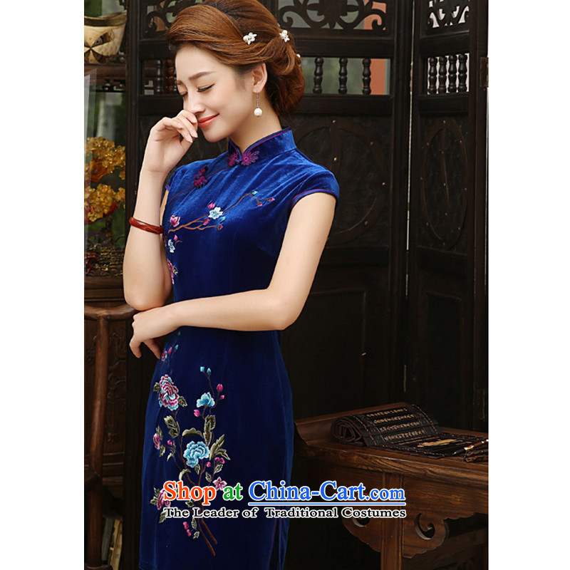 With a Chinese Spring 2015 New Stylish retro color embroidery cheongsam daily short of Sau San temperament velvet cheongsam dress royal blue XL, have Monogatari (wuyouwuyu) , , , shopping on the Internet