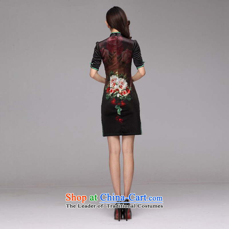 At the end of light gray velour stamp improved retro style, short-sleeved qipao XWG)  light at the end of the picture color XXL, shopping on the Internet has been pressed.