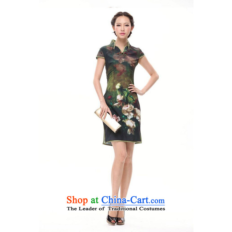 The end of the light of improved ink peony cheongsam dress retro Dress Short of Chinese XWGQP002-5 green light at the end of M , , , shopping on the Internet