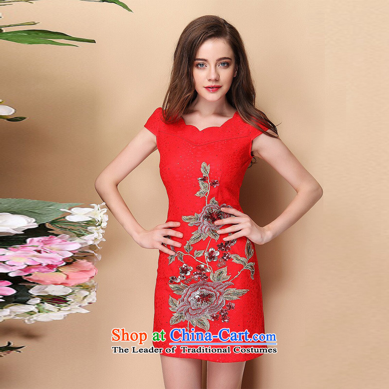 At the end of light and stylish improved short-sleeved Lace Embroidery cheongsam dress on-chip XWG QF140312  XXL, red light at the end of shopping on the Internet has been pressed.