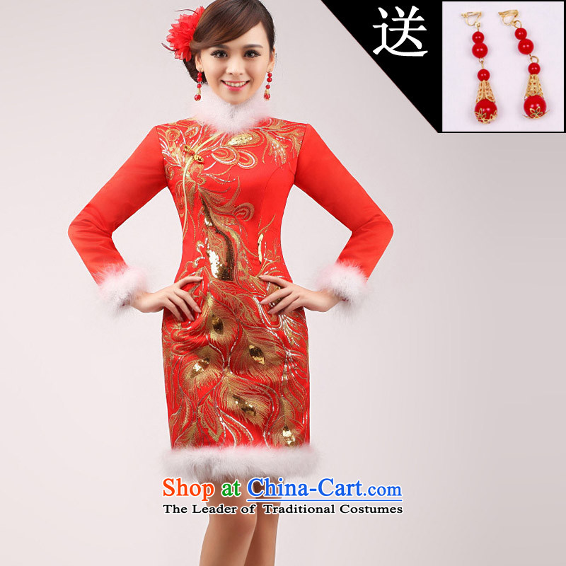 Marriages bows services 2015 winter new stylish improved long-sleeved qipao gown red short of winter clothing female white white hair?S