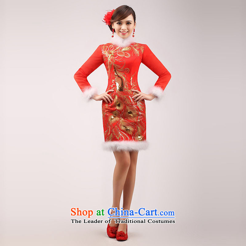 Marriages bows services 2015 winter new stylish improved long-sleeved qipao gown red short of winter clothing female white white hair , Chengjia True Love , , , shopping on the Internet