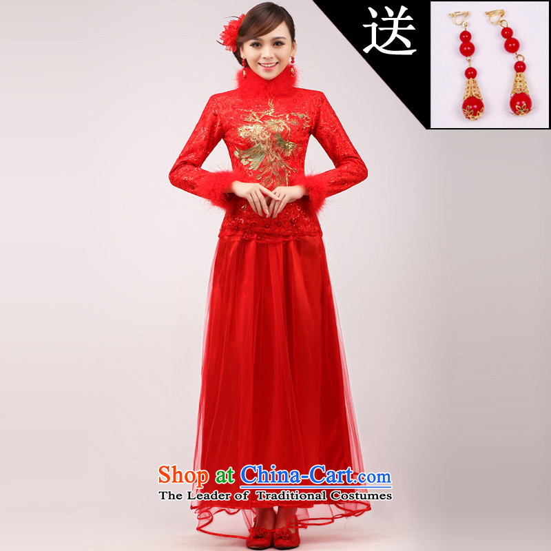 The knot true love marriages qipao 2015 new stylish Chinese improved bows long long-sleeved clothing red dress for Winter Female Red?L