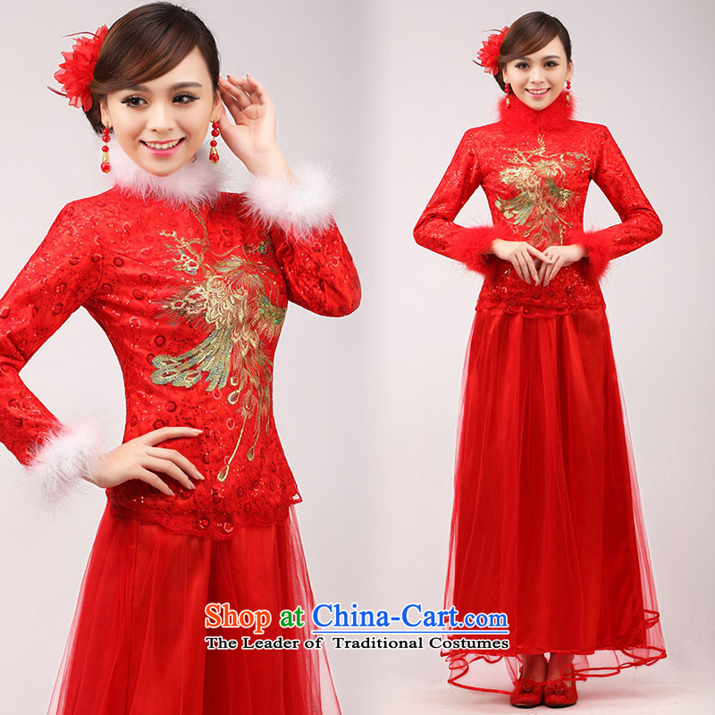 The knot true love marriages qipao 2015 new stylish Chinese improved bows long long-sleeved clothing red dress for Winter Female Red hair , L Chengjia True Love , , , shopping on the Internet