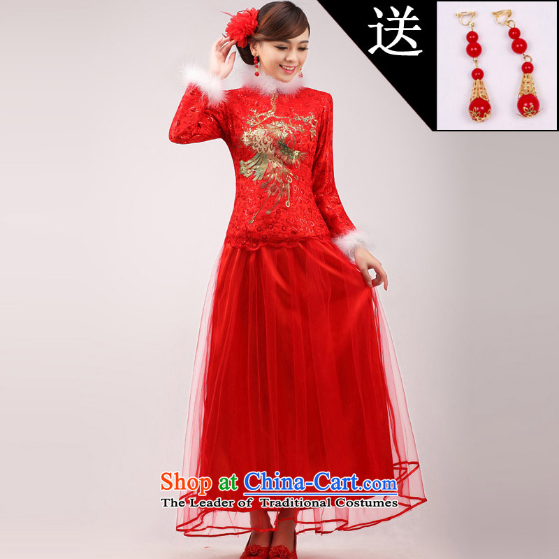 The knot true love marriages qipao 2015 new stylish Chinese improved bows long long-sleeved clothing red dress for Winter Female Red hair , L Chengjia True Love , , , shopping on the Internet