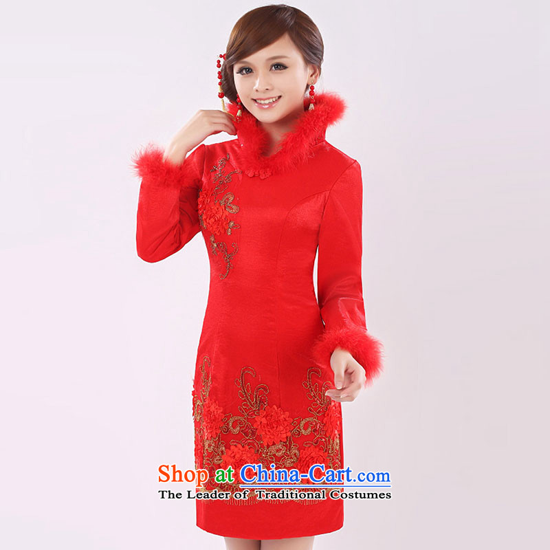 The knot true love bride bows services 2015 new red long long-sleeved wedding dress stylish improved qipao video thin red female winter?S