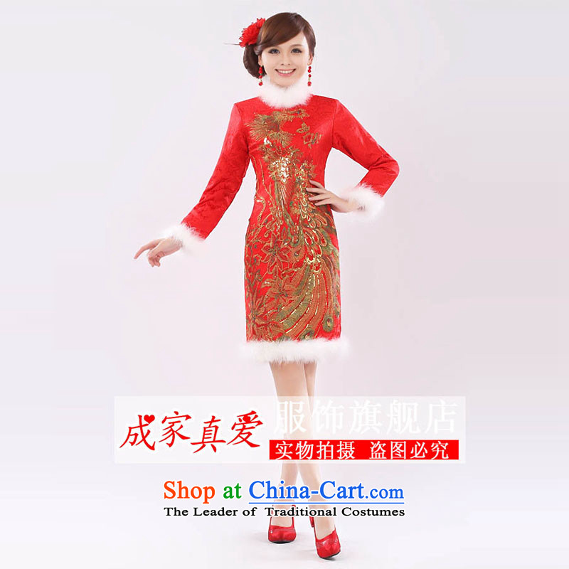 The knot true love marriages bows services 2014 New Stylish retro long-sleeved short high-waist cheongsam dress for winter pregnant female red?S