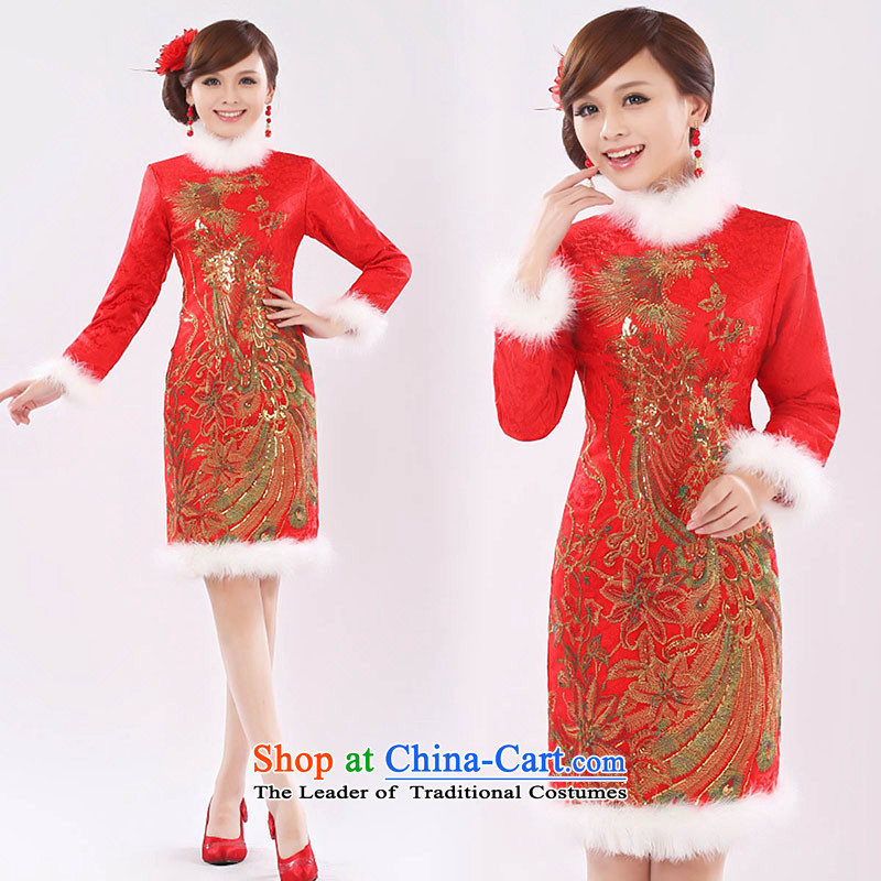 The knot true love marriages bows services 2014 New Stylish retro long-sleeved short high-waist cheongsam dress for winter pregnant women , married a red True Love , , , shopping on the Internet