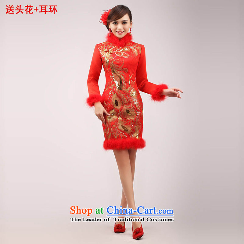 The knot true love marriages bows services 2015 winter new stylish improved long-sleeved qipao gown red short of winter clothing female red?L