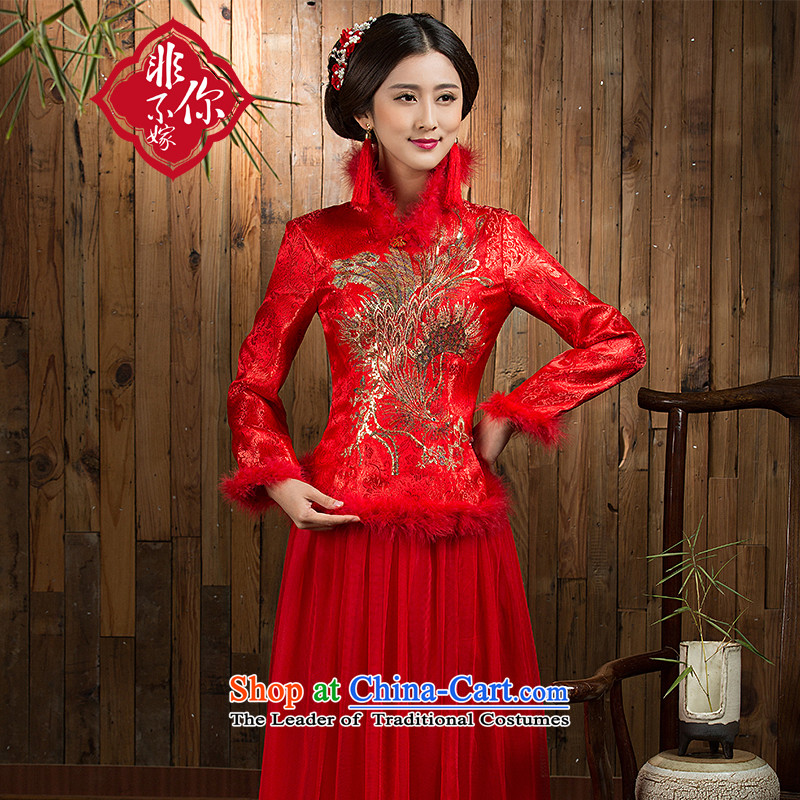 Non-you do not marry?2015 autumn and winter qipao retro wedding brides marriage bows to red dress long winter RED?M