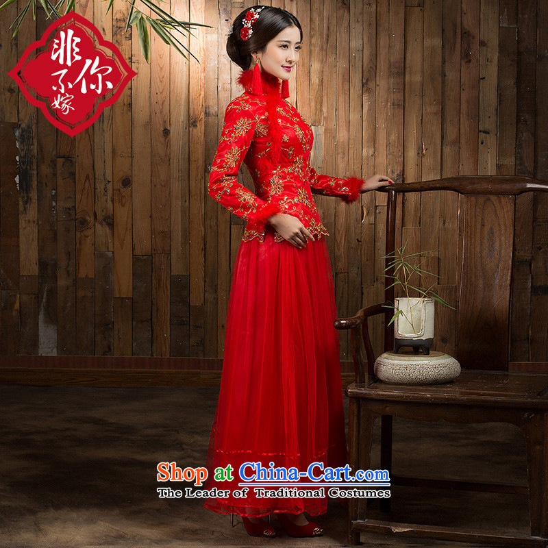 Non-you do not marry 2015 autumn and winter new qipao gown lace bride Chinese spend long-sleeved clothing tick bows dress cotton door onto the folder the wedding dress long-sleeved red velvet, M, non-you do not marry shopping on the Internet has been pres