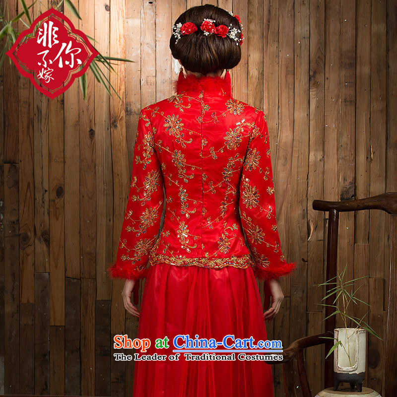 Non-you do not marry 2015 autumn and winter new qipao gown lace bride Chinese spend long-sleeved clothing tick bows dress cotton door onto the folder the wedding dress long-sleeved red velvet, M, non-you do not marry shopping on the Internet has been pres
