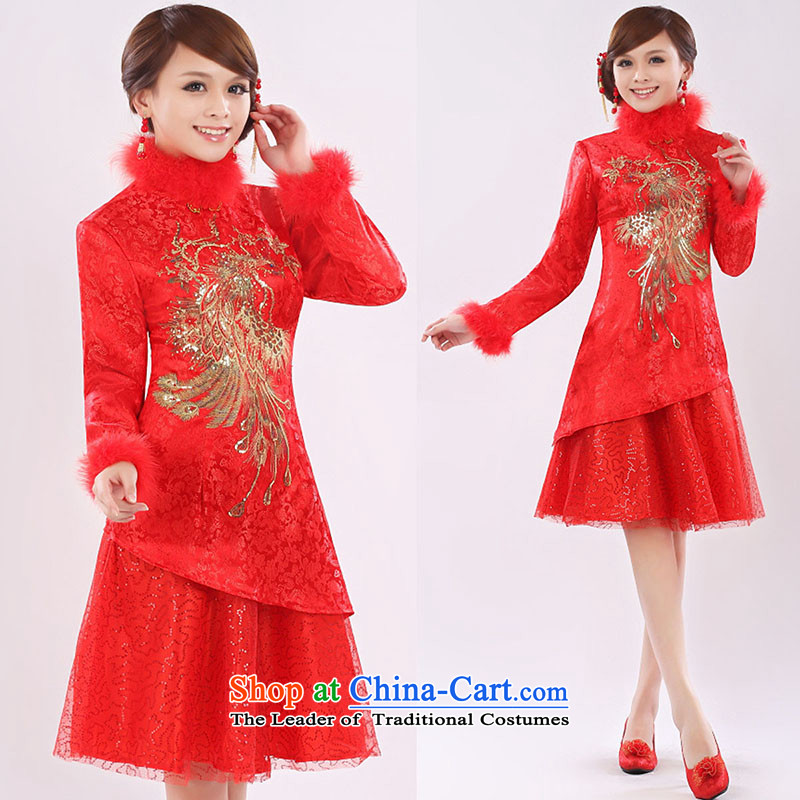 The knot true love marriages bows services 2015 new dress short, long-sleeved red qipao retro red qipao Winter Female Red?M
