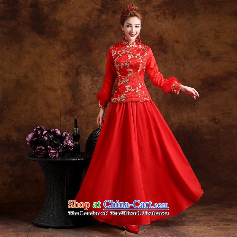 The knot true love marriages bows qipao 2015 New Service long long-sleeved retro style improvement dress marriage for winter red XL, Chengjia True Love , , , shopping on the Internet