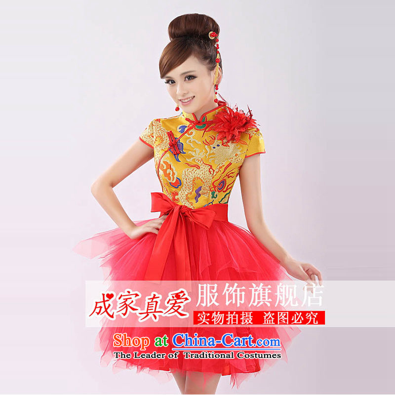 The knot true love marriages bows services 2015 new dragon robe improved chinese red color modern short of Qipao Winter Female Yellow , L Chengjia True Love , , , shopping on the Internet
