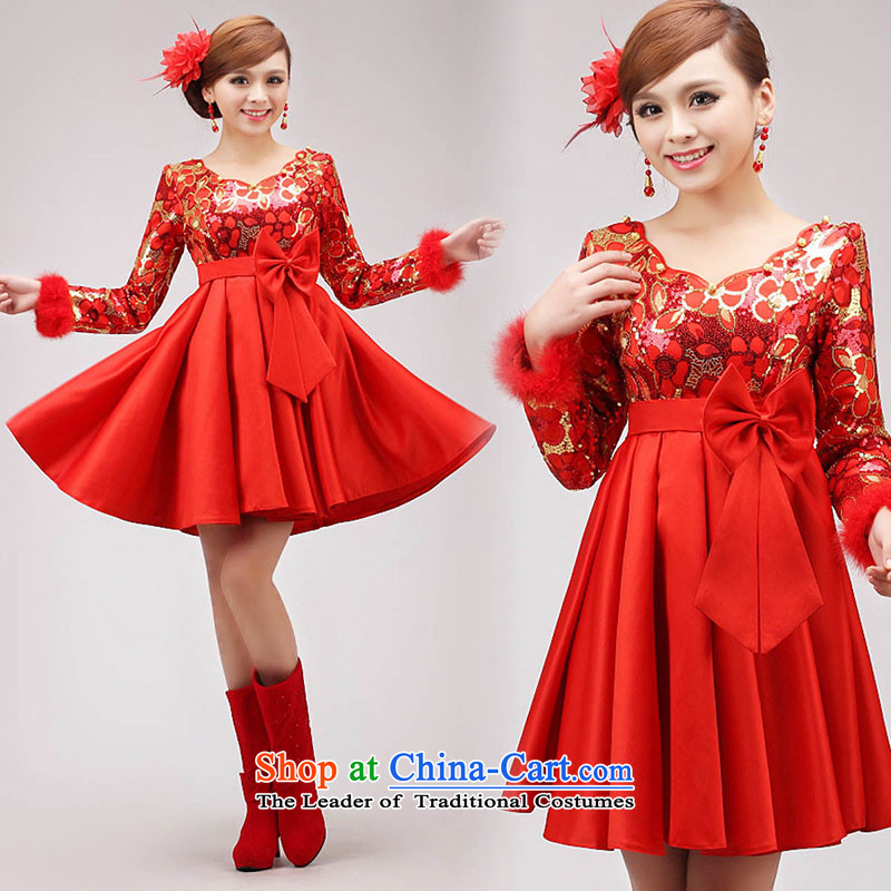 The knot true love marriages bows services 2015 new wedding dresses, short long-sleeved red Top Loin of qipao pregnant women for winter RED M Chengjia True Love , , , shopping on the Internet