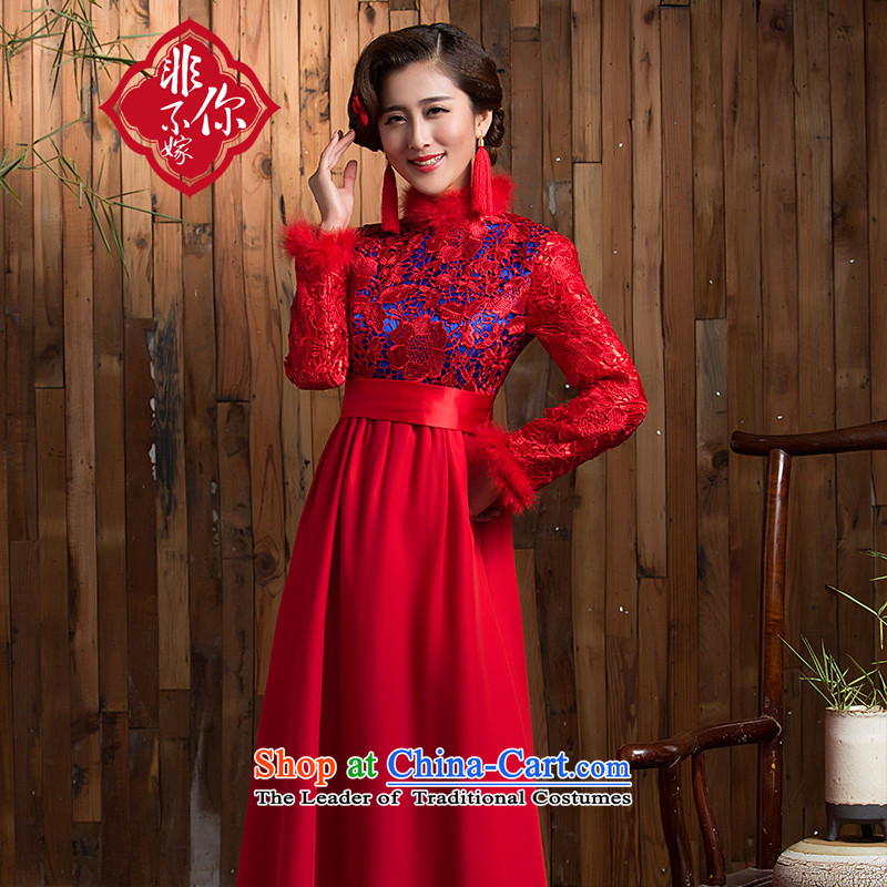 Non-you do not marry?2015 autumn and winter bride qipao marriage red bows services bride clamp cotton long skirt long-sleeved red?XL