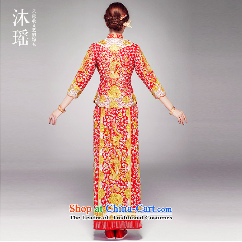 Bathing in the bride Big Five Yiu-su wo service use long-sleeved long dragon of Chinese women's ancient serving drink large marriage pregnant women 2 piece autumn and winter larger embroidery autumn and winter?0909 embroidery big five well?S?breast IN LEN